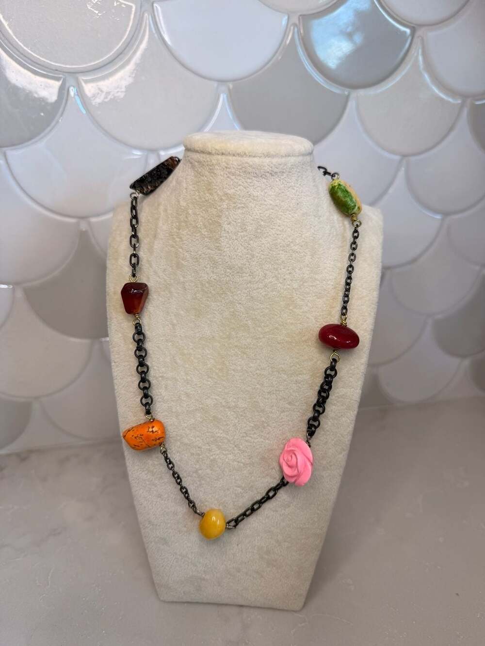 Vintage Multi-Color Fruit Salad Beaded Link Necklace with Toggle Clasp